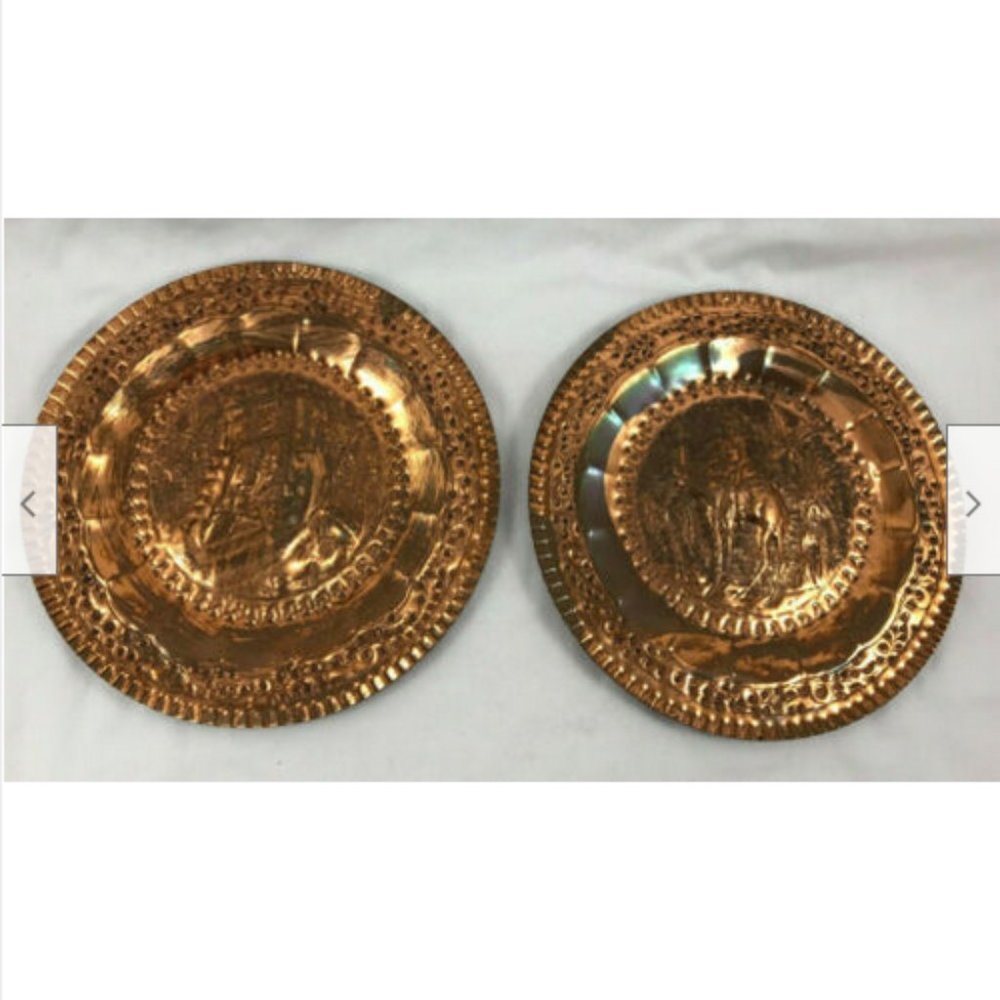 Copper Repousse Decorative Plate Camel Desert Scene Moulded Etch Design Set of 2